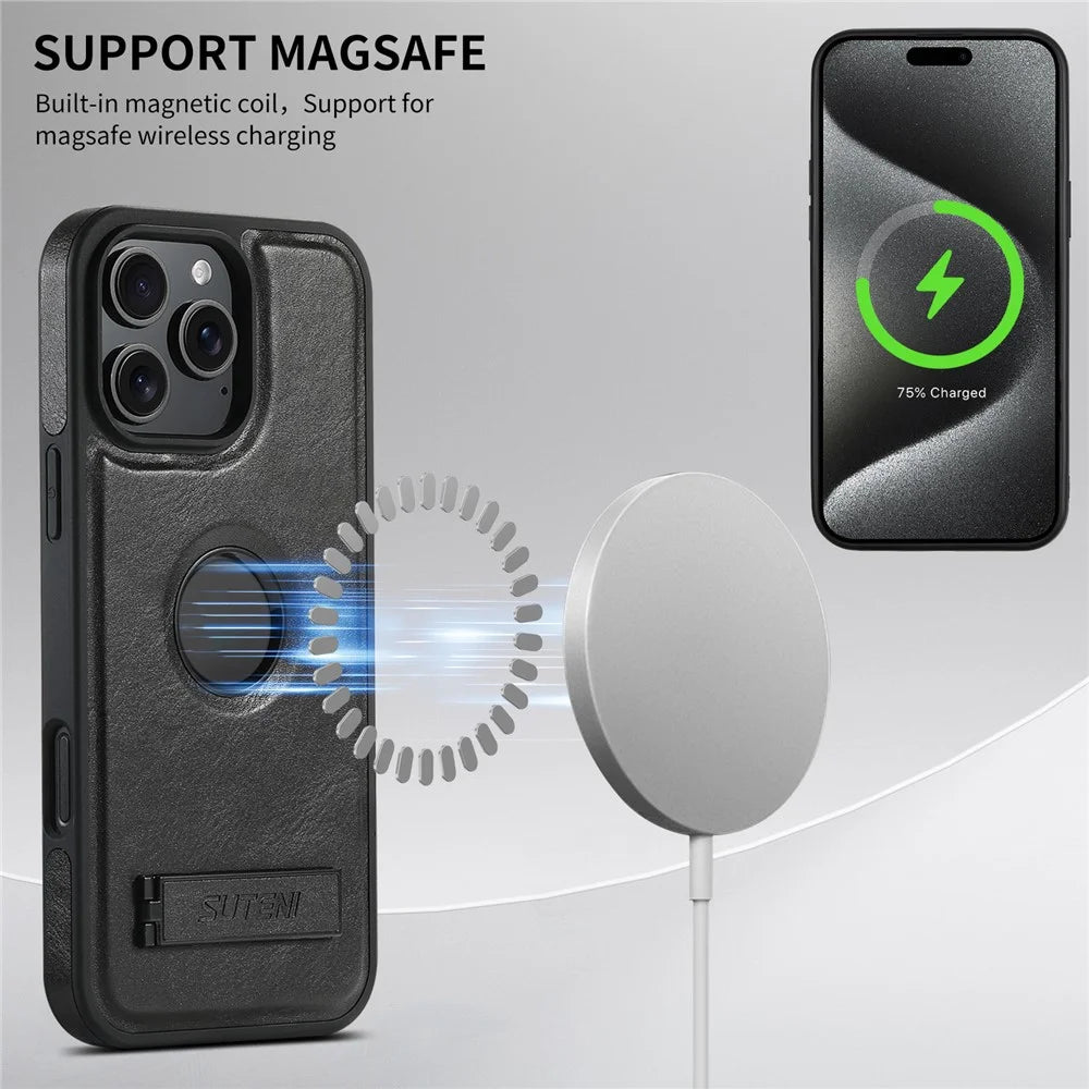 SUTENI G2 For iPhone 16 Pro Max Magnetic Case Leather Phone Back Cover Waxy Texture Kickstand - Black - 7