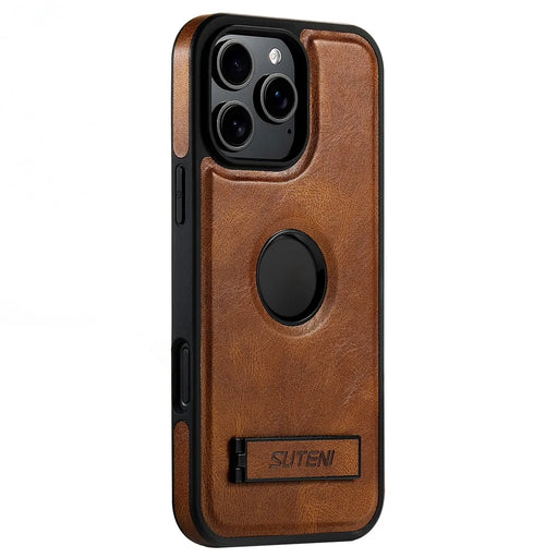 SUTENI G2 For iPhone 16 Pro Magnetic Case Leather Phone Back Cover Waxy Texture Kickstand - Brown - 1