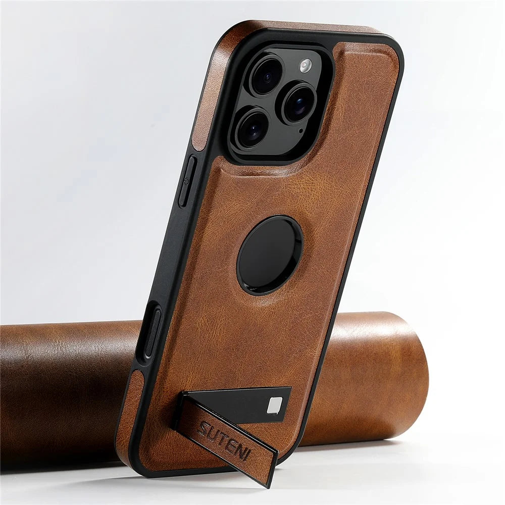 SUTENI G2 For iPhone 16 Pro Magnetic Case Leather Phone Back Cover Waxy Texture Kickstand - Brown - 2