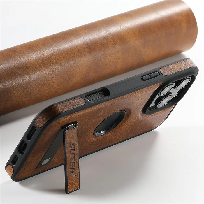 SUTENI G2 For iPhone 16 Pro Magnetic Case Leather Phone Back Cover Waxy Texture Kickstand - Brown - 3