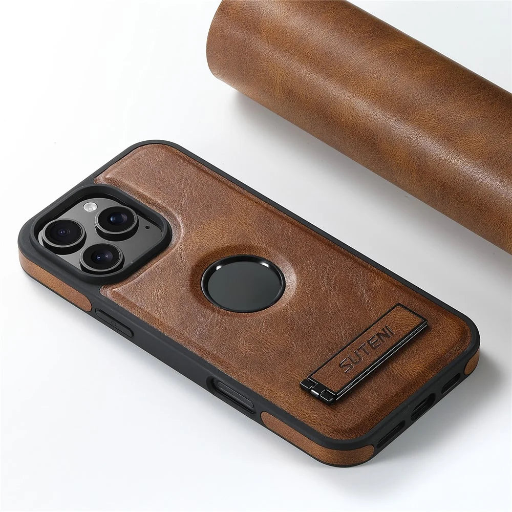 SUTENI G2 For iPhone 16 Pro Magnetic Case Leather Phone Back Cover Waxy Texture Kickstand - Brown - 7