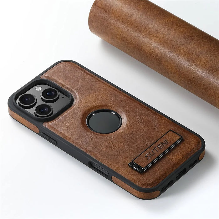 SUTENI G2 For iPhone 16 Pro Magnetic Case Leather Phone Back Cover Waxy Texture Kickstand - Brown - 7