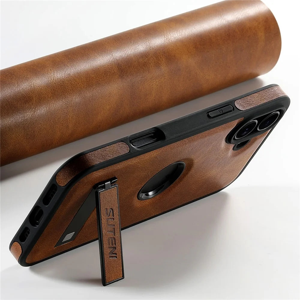 SUTENI G2 For iPhone 16 Plus Magnetic Case Leather Phone Back Cover Waxy Texture Kickstand - Brown - 3