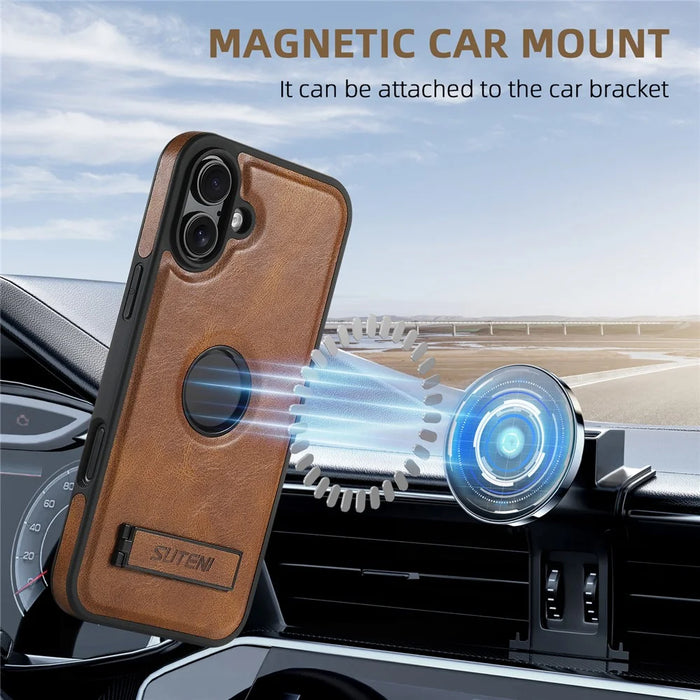 SUTENI G2 For iPhone 16 Plus Magnetic Case Leather Phone Back Cover Waxy Texture Kickstand - Brown - 5