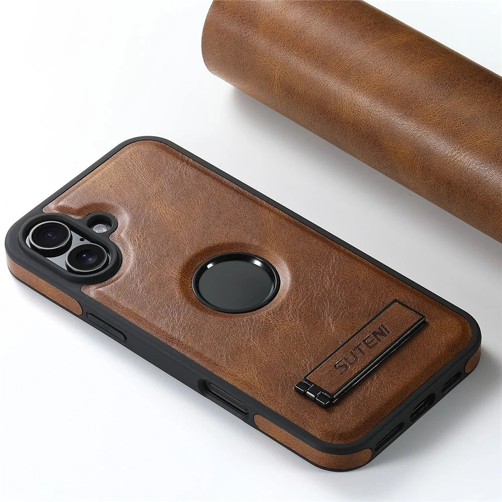 SUTENI G2 For iPhone 16 Plus Magnetic Case Leather Phone Back Cover Waxy Texture Kickstand - Brown - 7