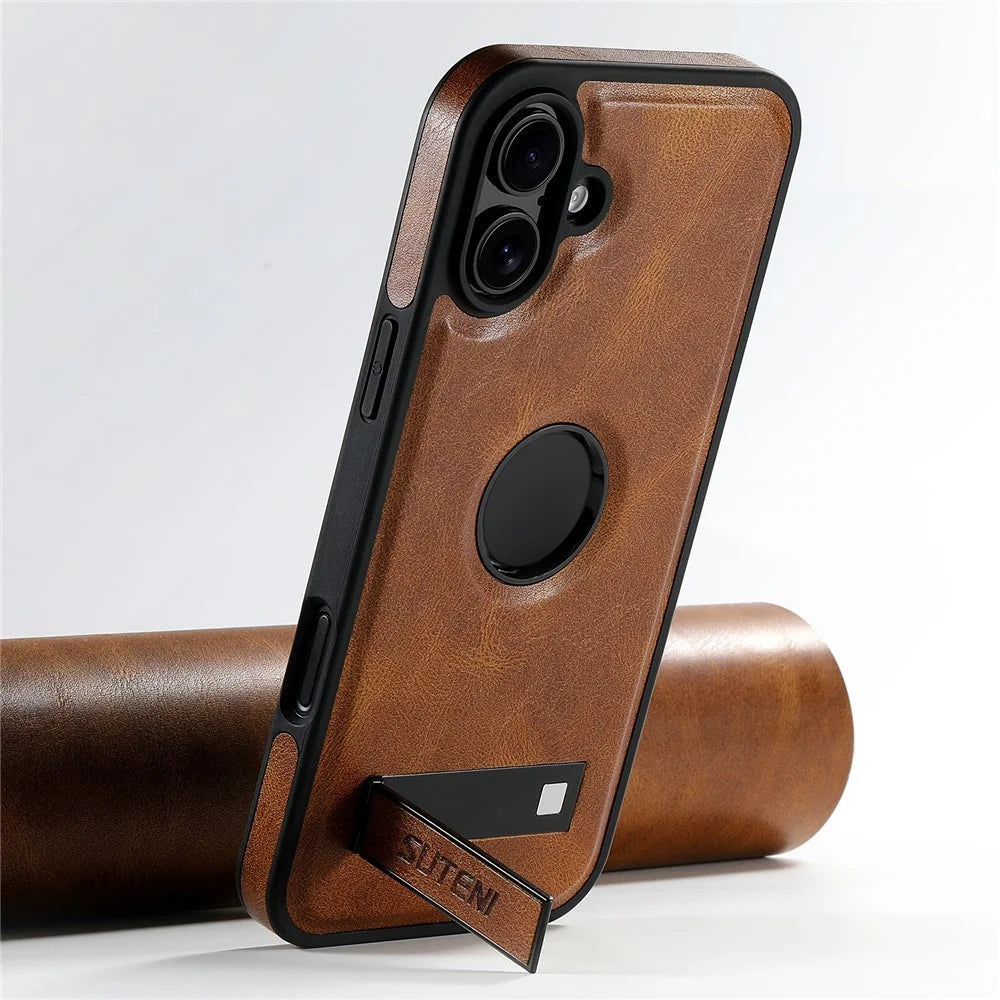 SUTENI G2 For iPhone 16 Magnetic Case Leather Phone Back Cover Waxy Texture Kickstand - Brown - 2