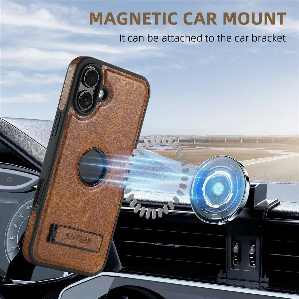SUTENI G2 For iPhone 16 Magnetic Case Leather Phone Back Cover Waxy Texture Kickstand - Brown - 5