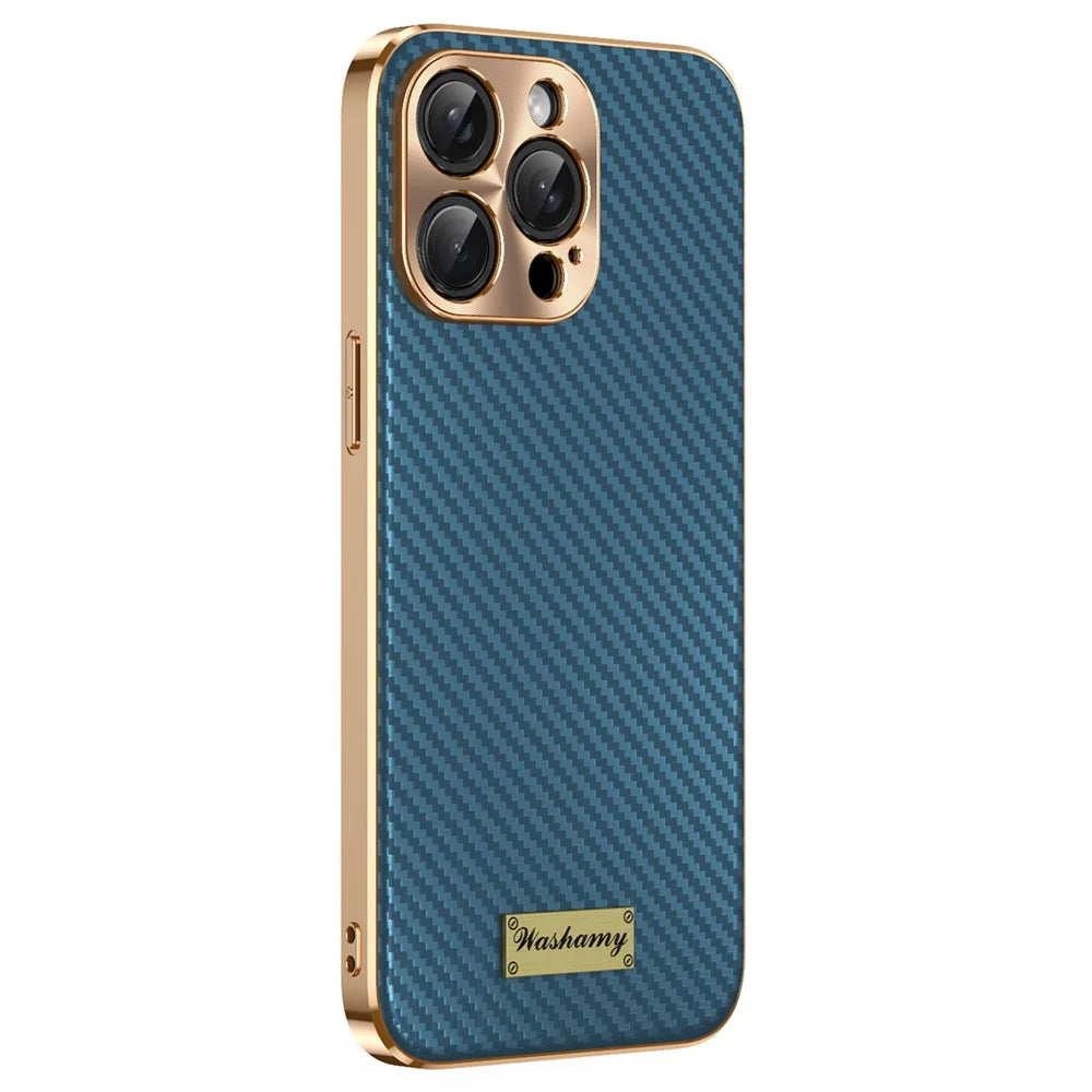 For iPhone 15 Pro Case Carbon Fiber Texture Electroplating Cowhide Leather+TPU Phone Cover - Green - 1