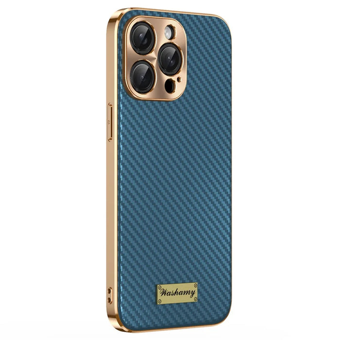 For iPhone 15 Pro Case Carbon Fiber Texture Electroplating Cowhide Leather+TPU Phone Cover - Green - 1
