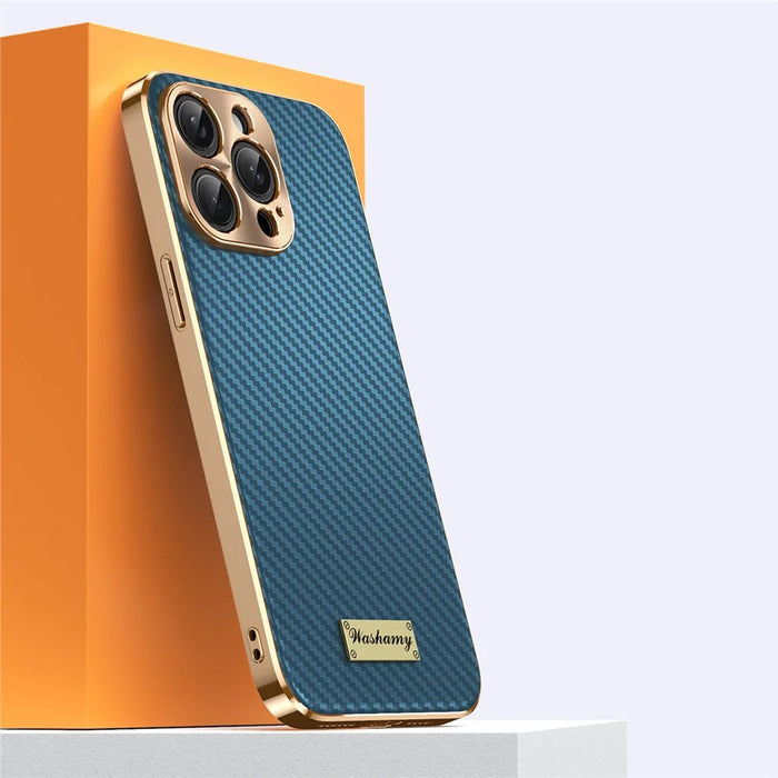 For iPhone 15 Pro Case Carbon Fiber Texture Electroplating Cowhide Leather+TPU Phone Cover - Green - 2