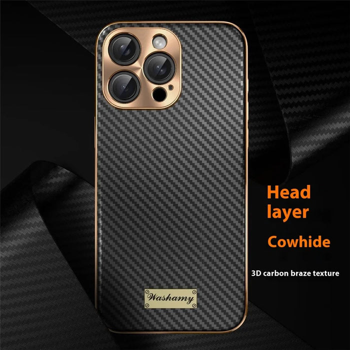 For iPhone 15 Pro Case Carbon Fiber Texture Electroplating Cowhide Leather+TPU Phone Cover - Green - 3