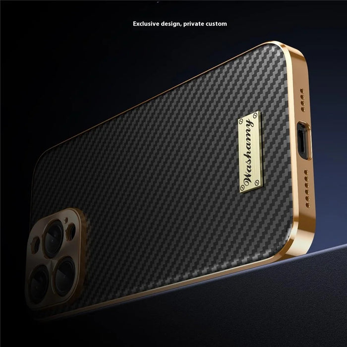 For iPhone 15 Pro Case Carbon Fiber Texture Electroplating Cowhide Leather+TPU Phone Cover - Green - 5