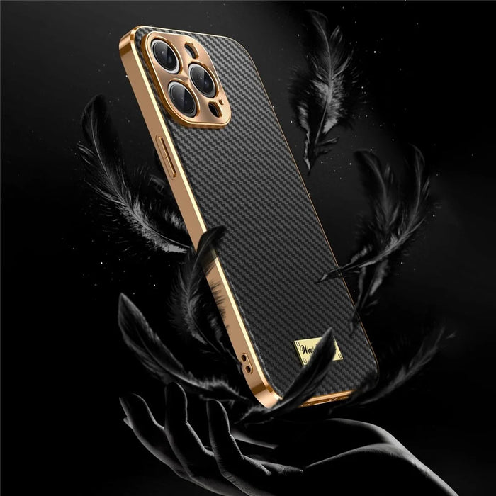 For iPhone 15 Pro Case Carbon Fiber Texture Electroplating Cowhide Leather+TPU Phone Cover - Green - 7