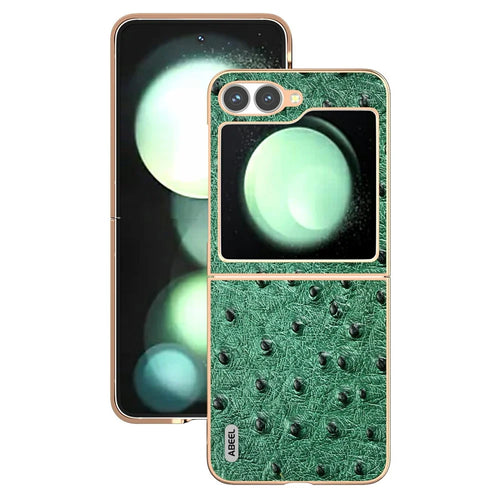 ABEEL For Samsung Galaxy Z Flip7 FE 5G / Z Flip6 5G Case Electroplating Edge Ostrich Texture Genuine Cow Leather Back Cover - Green - 1