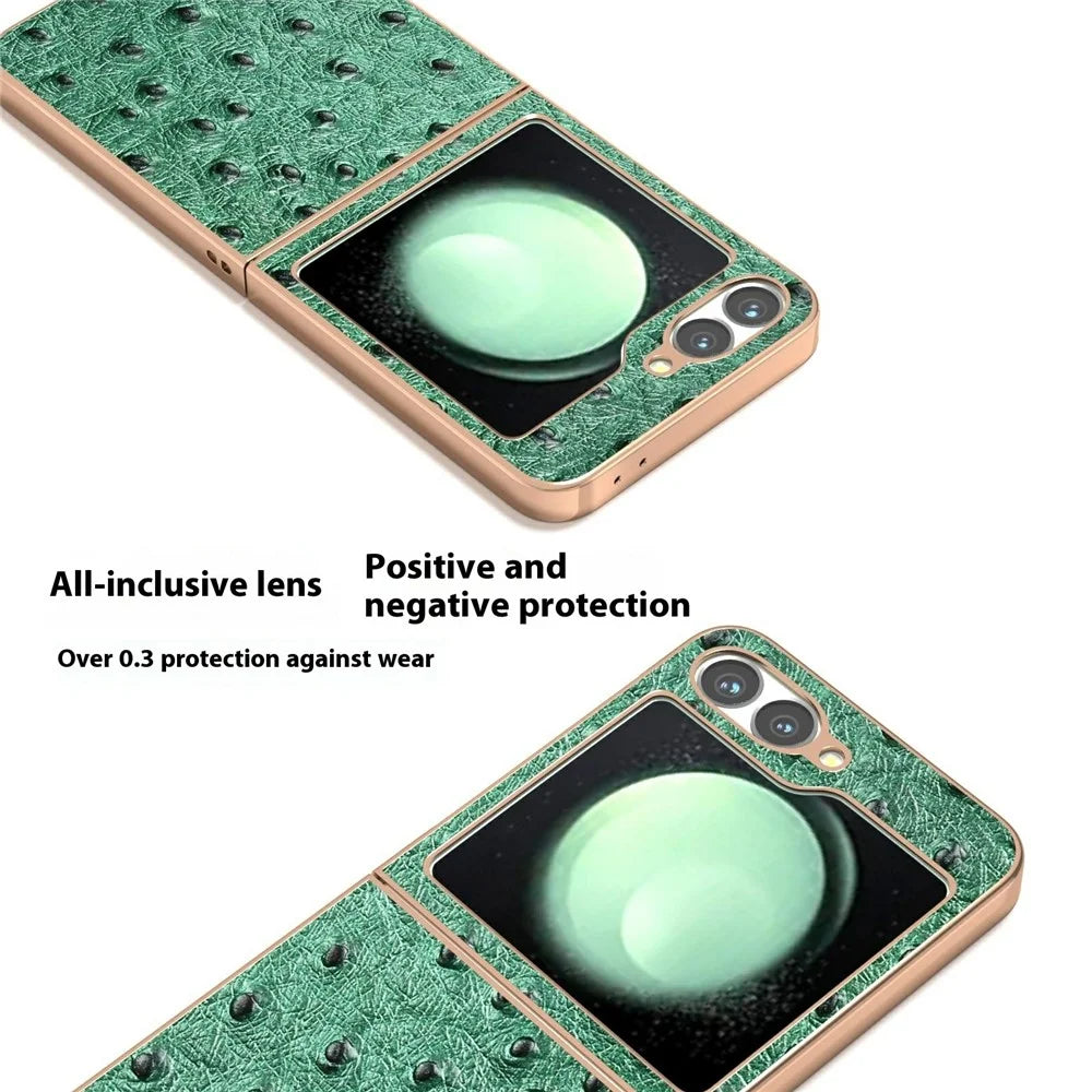 ABEEL For Samsung Galaxy Z Flip7 FE 5G / Z Flip6 5G Case Electroplating Edge Ostrich Texture Genuine Cow Leather Back Cover - Green - 2