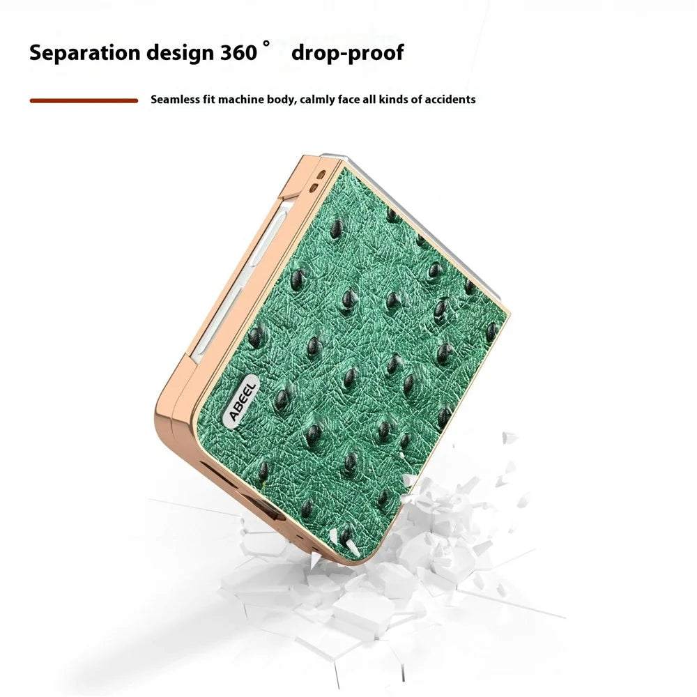 ABEEL For Samsung Galaxy Z Flip7 FE 5G / Z Flip6 5G Case Electroplating Edge Ostrich Texture Genuine Cow Leather Back Cover - Green - 3