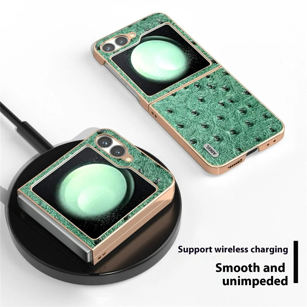 ABEEL For Samsung Galaxy Z Flip7 FE 5G / Z Flip6 5G Case Electroplating Edge Ostrich Texture Genuine Cow Leather Back Cover - Green - 4