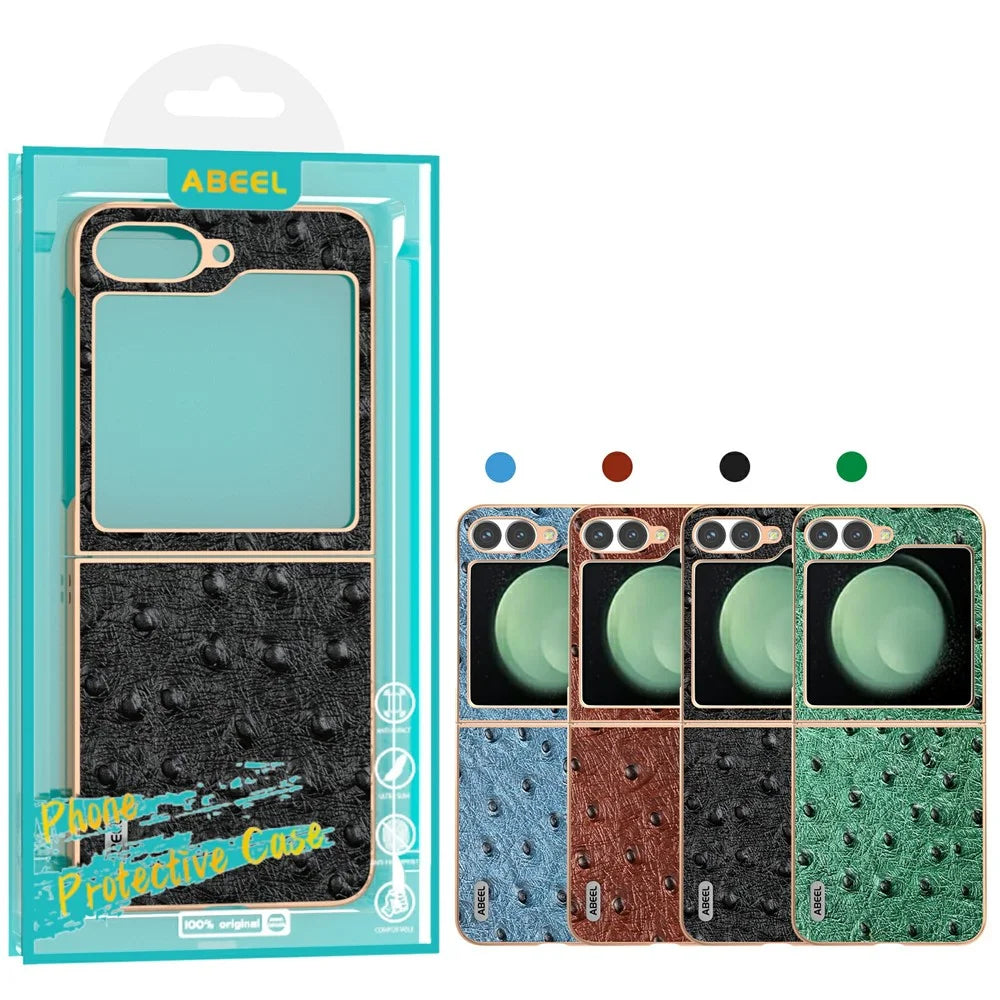 ABEEL For Samsung Galaxy Z Flip7 FE 5G / Z Flip6 5G Case Electroplating Edge Ostrich Texture Genuine Cow Leather Back Cover - Green - 5
