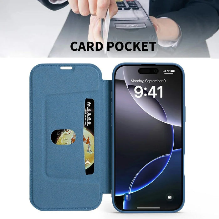 For iPhone 16 Pro Max Case Card Holder Kickstand Liquid Silicone Phone Cover - Sapphire - 2