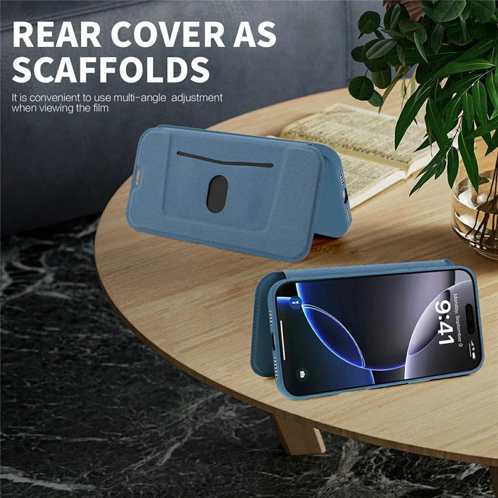 For iPhone 16 Pro Max Case Card Holder Kickstand Liquid Silicone Phone Cover - Sapphire - 3