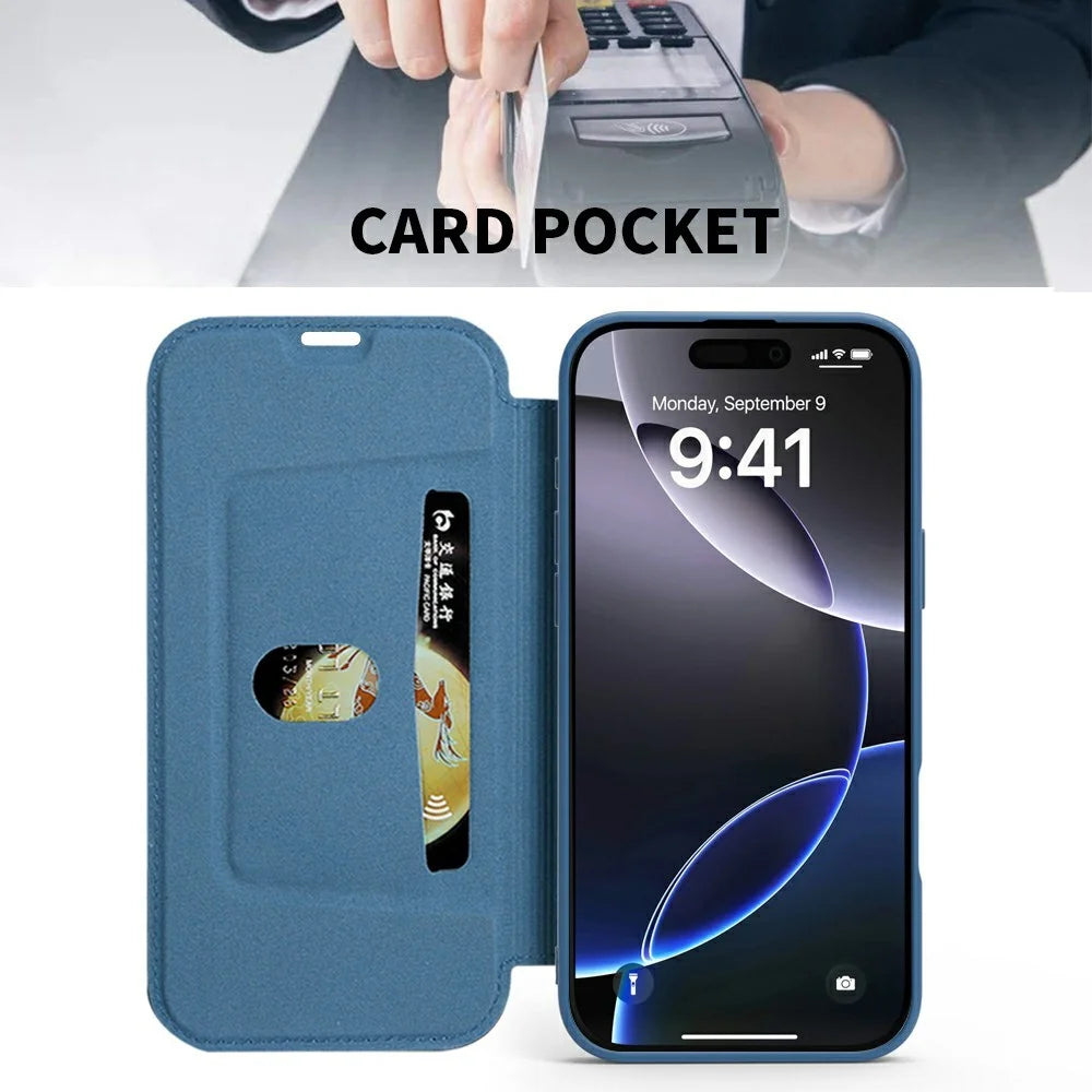 For iPhone 16 Pro Case Card Holder Kickstand Liquid Silicone Phone Cover - Sapphire - 2