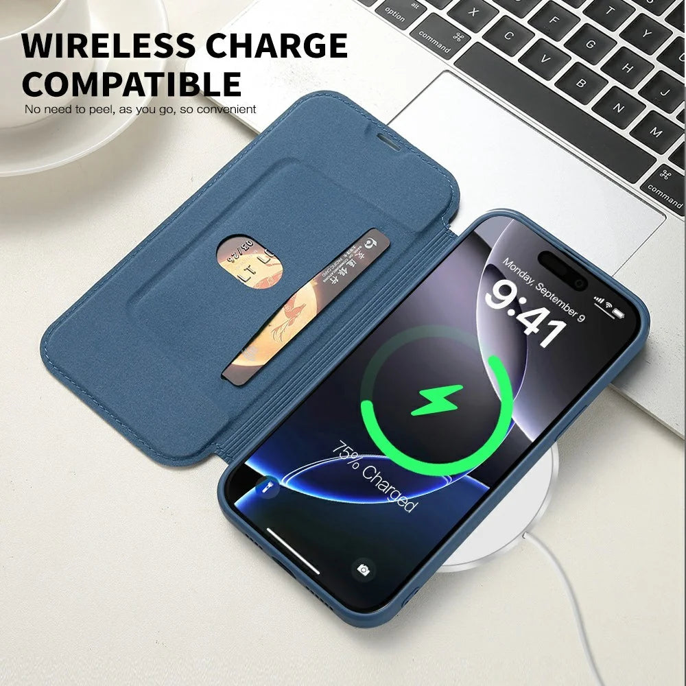 For iPhone 16 Pro Case Card Holder Kickstand Liquid Silicone Phone Cover - Sapphire - 4