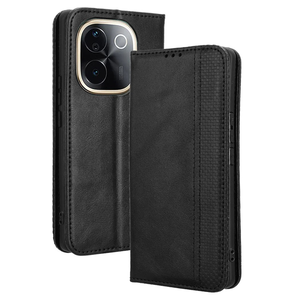 For vivo T3 Pro 5G / iQOO Z9s Pro 5G Leather Case Wallet Stand Retro Texture Phone Cover - Black - 1