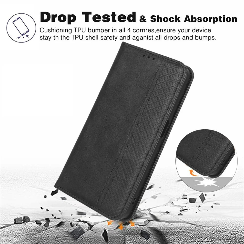 For vivo T3 Pro 5G / iQOO Z9s Pro 5G Leather Case Wallet Stand Retro Texture Phone Cover - Black - 6