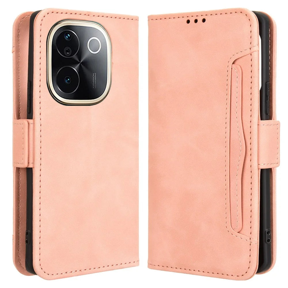 For vivo T3 Pro 5G / iQOO Z9s Pro 5G Leather Case Phone Wallet Cover with Multiple Card Slots - Pink - 1