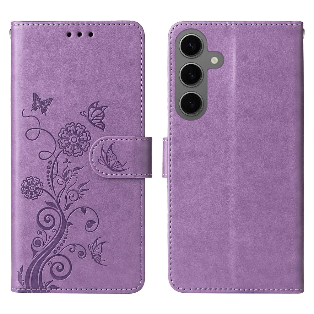 For Samsung Galaxy S25 Leather Case Butterfly Floral Imprint Wallet Stand Cover - Purple - 1