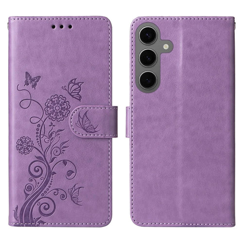 For Samsung Galaxy S25 Leather Case Butterfly Floral Imprint Wallet Stand Cover - Purple - 1