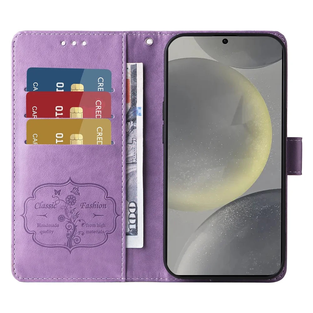 For Samsung Galaxy S25 Leather Case Butterfly Floral Imprint Wallet Stand Cover - Purple - 2