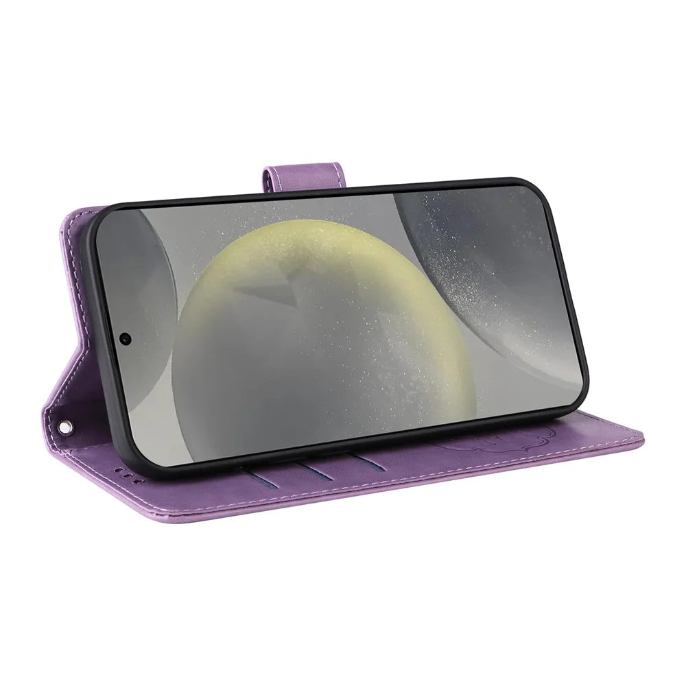 For Samsung Galaxy S25 Leather Case Butterfly Floral Imprint Wallet Stand Cover - Purple - 3