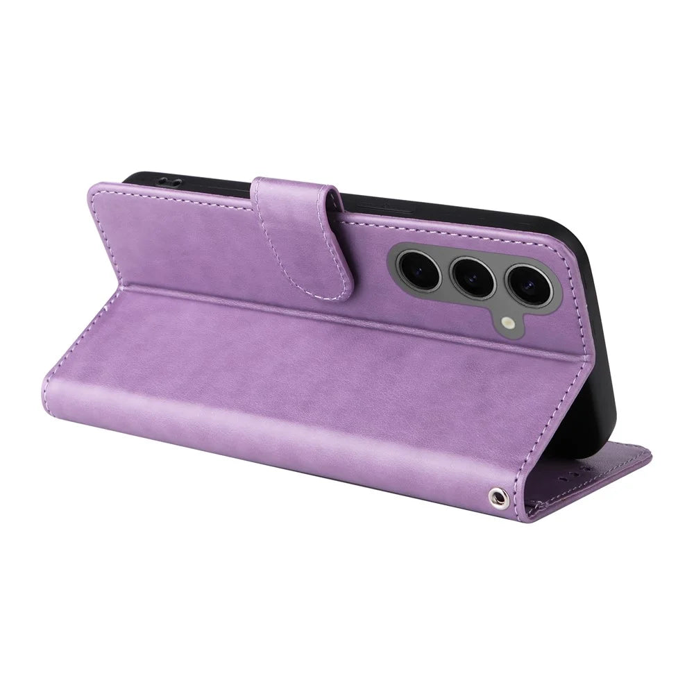 For Samsung Galaxy S25 Leather Case Butterfly Floral Imprint Wallet Stand Cover - Purple - 4