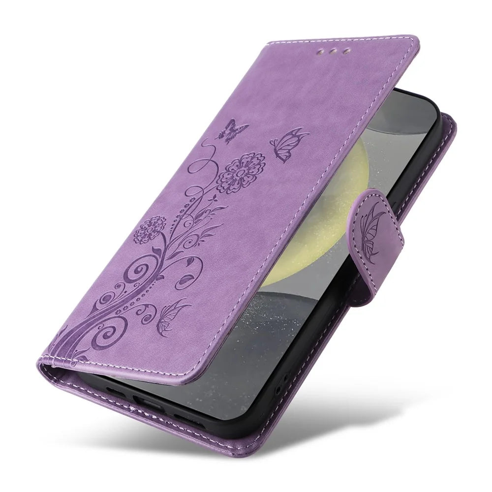 For Samsung Galaxy S25 Leather Case Butterfly Floral Imprint Wallet Stand Cover - Purple - 5