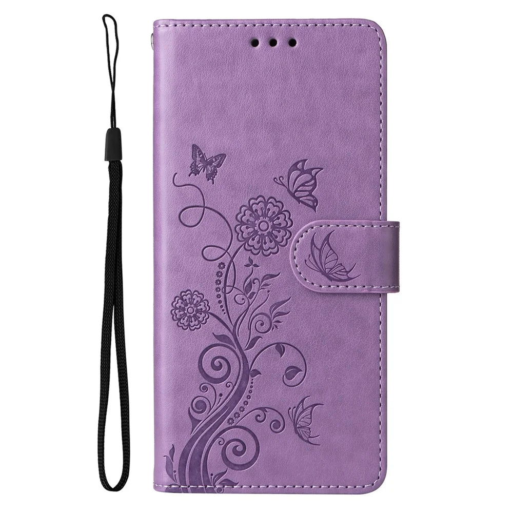 For Samsung Galaxy S25 Leather Case Butterfly Floral Imprint Wallet Stand Cover - Purple - 6