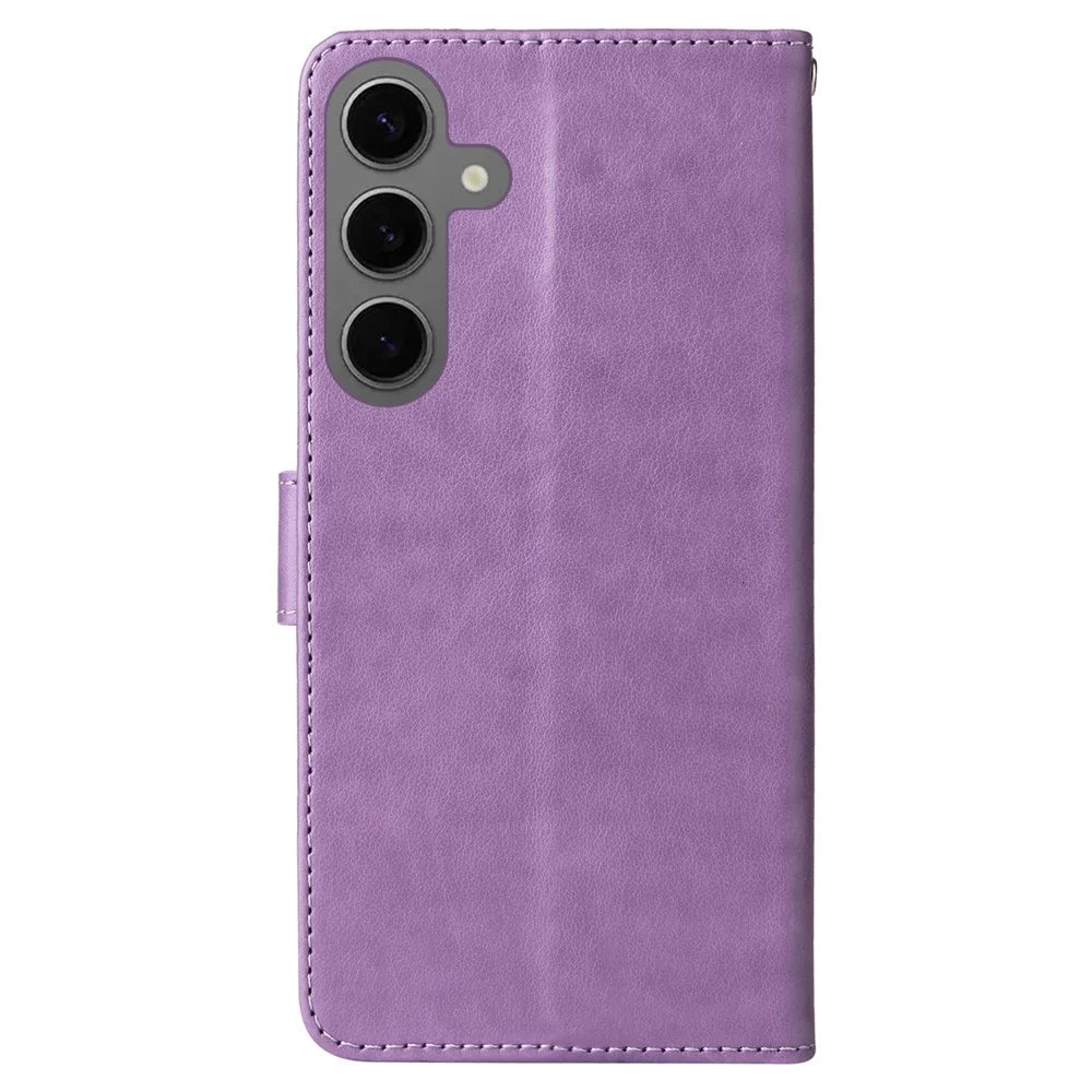 For Samsung Galaxy S25 Leather Case Butterfly Floral Imprint Wallet Stand Cover - Purple - 7