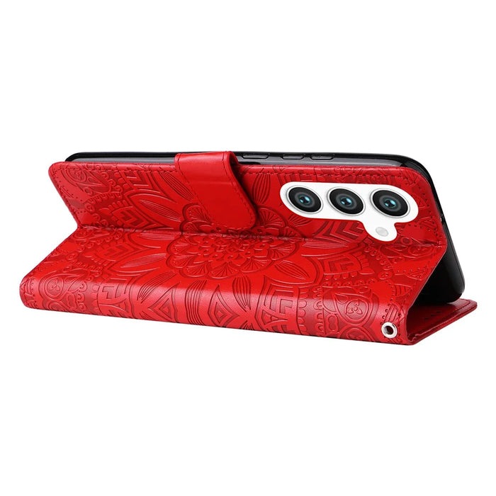 For Samsung Galaxy S25+ Case Sunflower Imprint Leather Wallet Phone Cover - Red - 3
