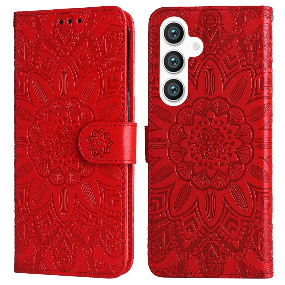 For Samsung Galaxy S25 Case Sunflower Imprint Leather Wallet Phone Cover - Red - 1