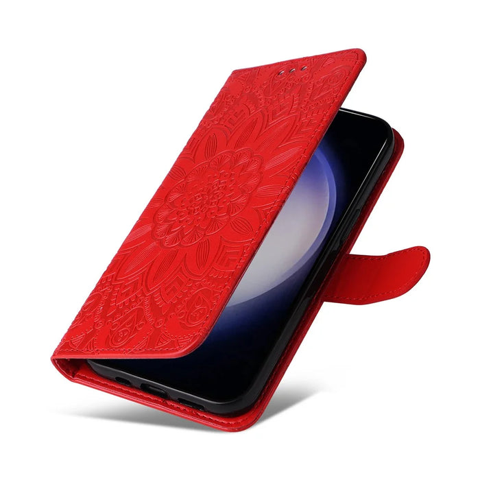 For Samsung Galaxy S25 Case Sunflower Imprint Leather Wallet Phone Cover - Red - 5