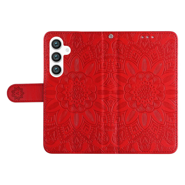 For Samsung Galaxy S25 Case Sunflower Imprint Leather Wallet Phone Cover - Red - 7