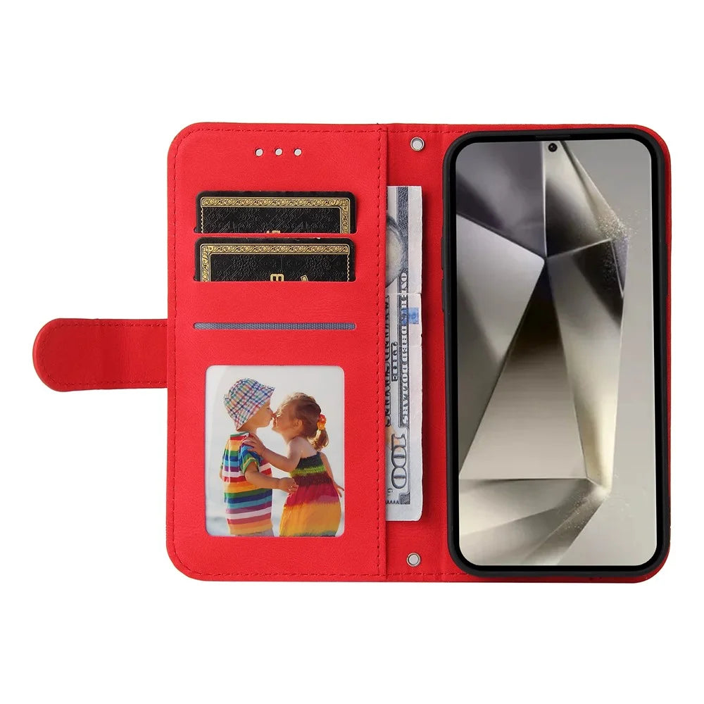 For Samsung Galaxy S25 Ultra Leather Wallet Cases Skin Touch Phone Cover Stand with Strap - Red - 2