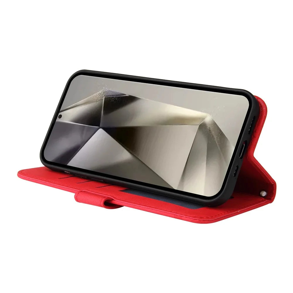 For Samsung Galaxy S25 Ultra Leather Wallet Cases Skin Touch Phone Cover Stand with Strap - Red - 3