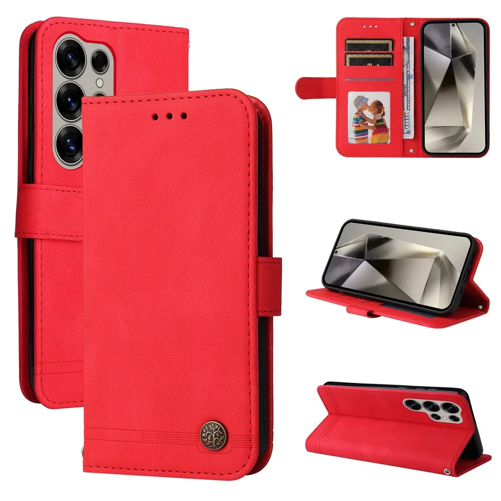 For Samsung Galaxy S25 Ultra Leather Wallet Cases Skin Touch Phone Cover Stand with Strap - Red - 6