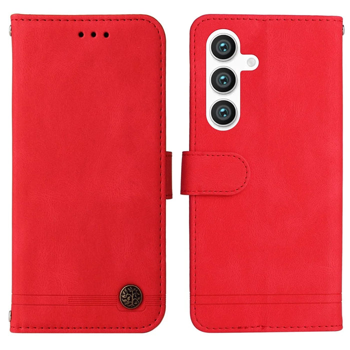 For Samsung Galaxy S25 Leather Wallet Cases Skin Touch Phone Cover Stand with Strap - Red - 1