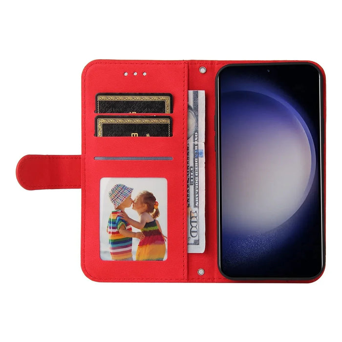 For Samsung Galaxy S25 Leather Wallet Cases Skin Touch Phone Cover Stand with Strap - Red - 2