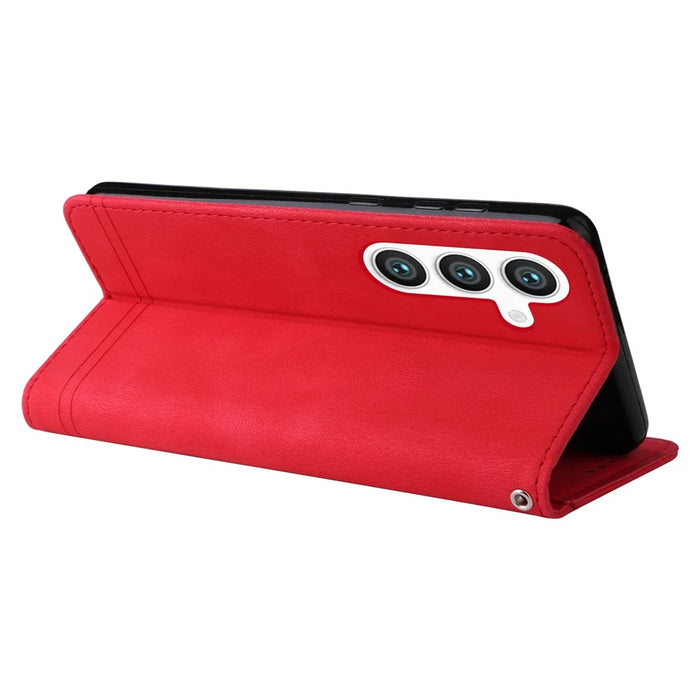For Samsung Galaxy S25 Leather Wallet Cases Skin Touch Phone Cover Stand with Strap - Red - 4
