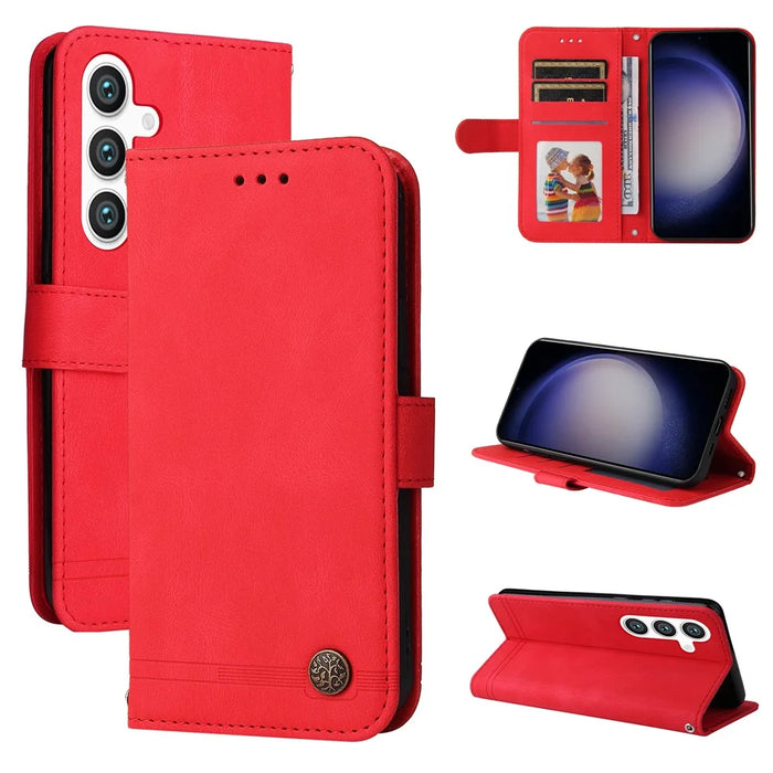 For Samsung Galaxy S25 Leather Wallet Cases Skin Touch Phone Cover Stand with Strap - Red - 6