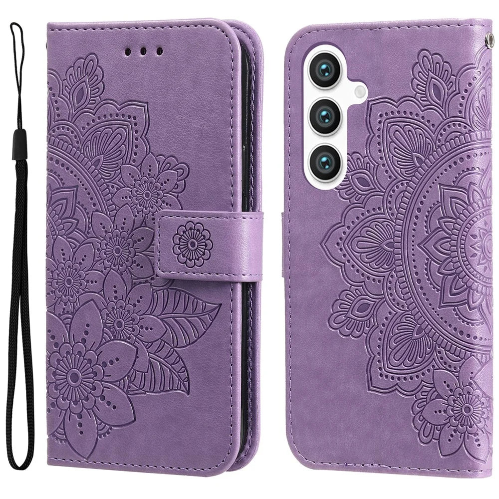 For Samsung Galaxy S25 Case Floral Pattern PU Leather Wallet Stand Phone Cover - Purple - 1