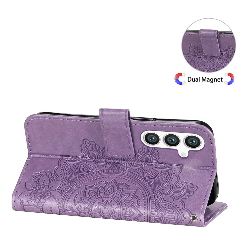 For Samsung Galaxy S25 Case Floral Pattern PU Leather Wallet Stand Phone Cover - Purple - 4
